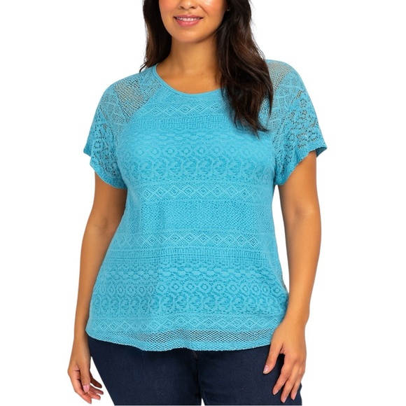 Chaps Teal Lace Pullover Top Short Sleeve 1X Plus Size - Picture 1 of 9